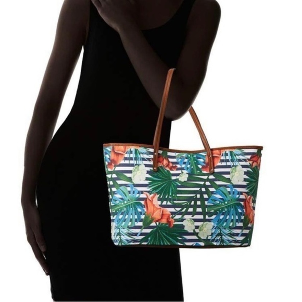 Nine West Michelina Tote Bag Tropical Floral Striped Canvas Large Beach Pool